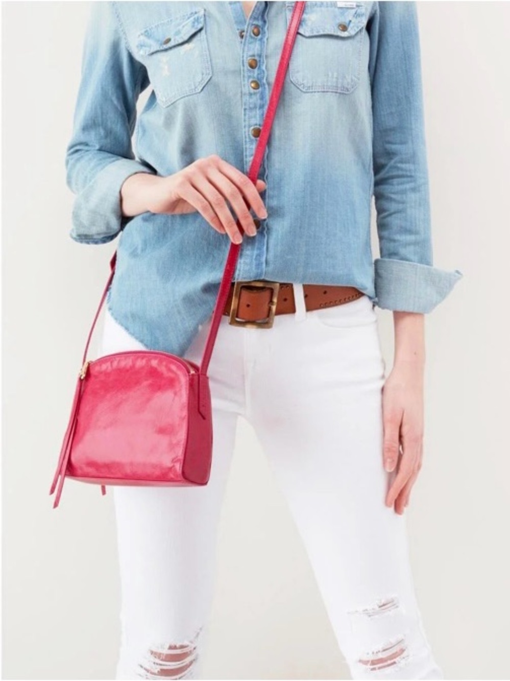 Compact HOBO Pink Genuine Leather Crossbody Bag with Adjustable Strap